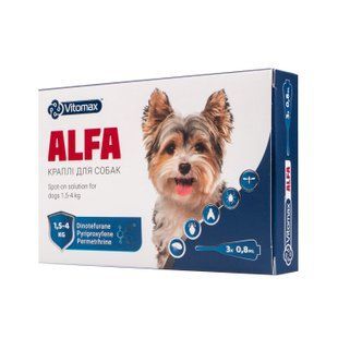 Протипаразитарні краплі Alfa Vitomax на холку для собак 1,5-4 кг, 0,8 мл (3 піпетки)