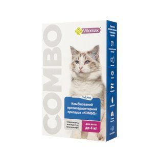 Краплі COMBO Vitomax від екто- та ендо-паразитів на холку для котів до 4 кг, 0,4 мл (3 піпетки)