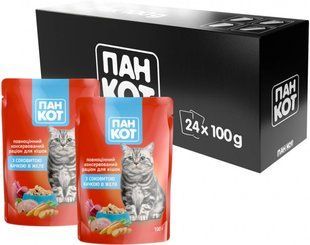 Пан Кіт з соковитою качкою в желе Повноцінний консервований корм для кішок (100гр.х24шт)2,4кг