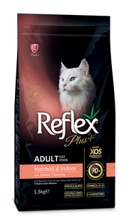 Reflex Plus сухий корм для котів, які живуть у приміщені та виведення шерсті з лососем 1.5 кг